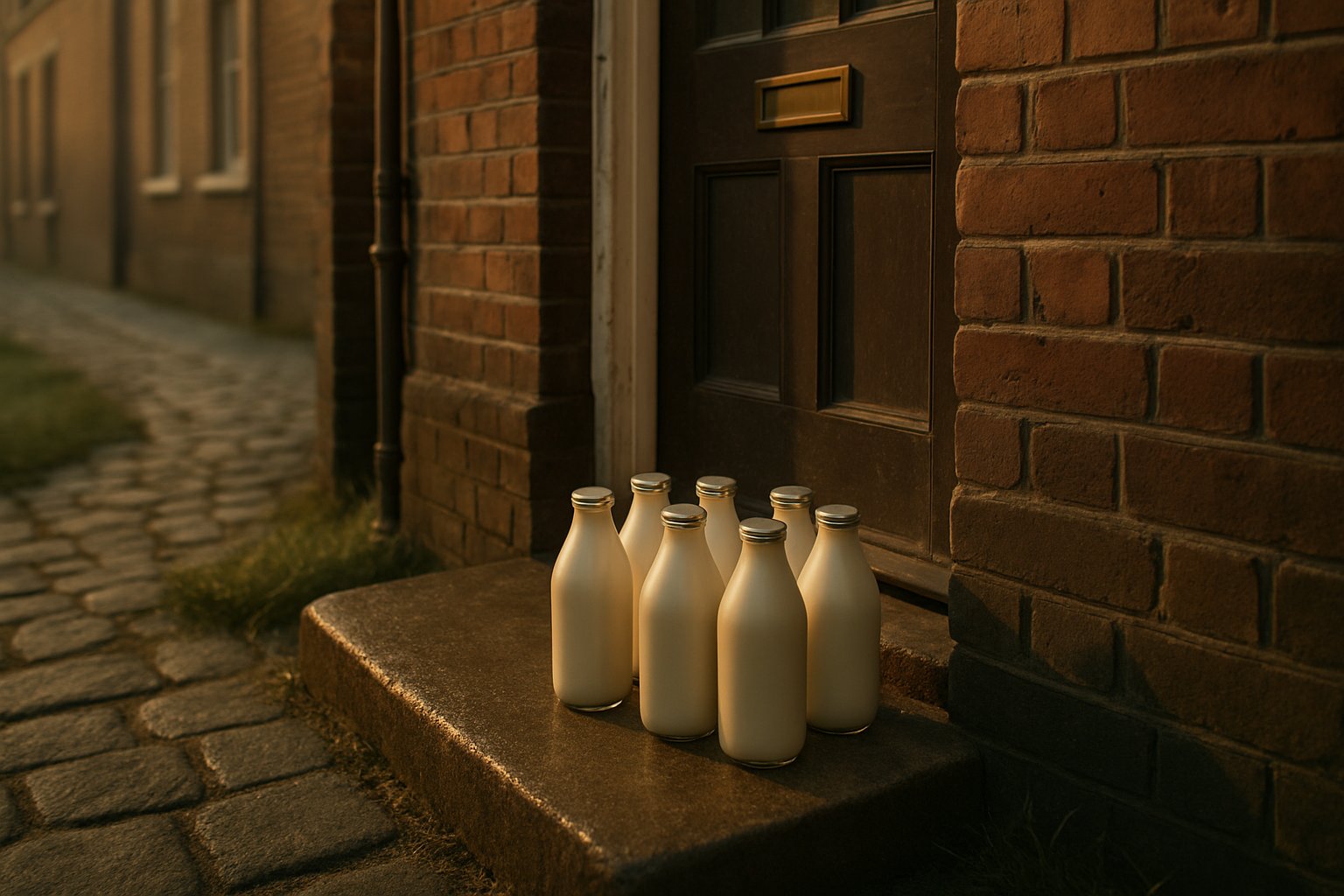 Glass milk bottles placed on a doorstep outside a brick house at dawn in 1950s Britain.