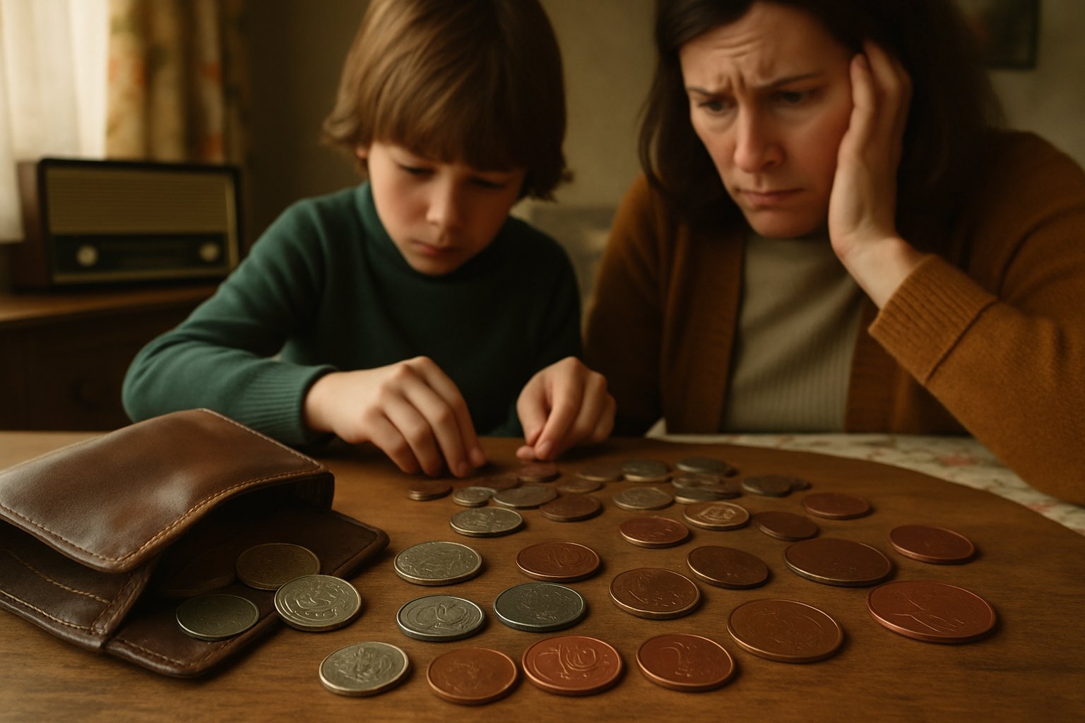 A parent and child counting old British coins and new decimal coins on a wooden table, showing coins spilling from a wallet.