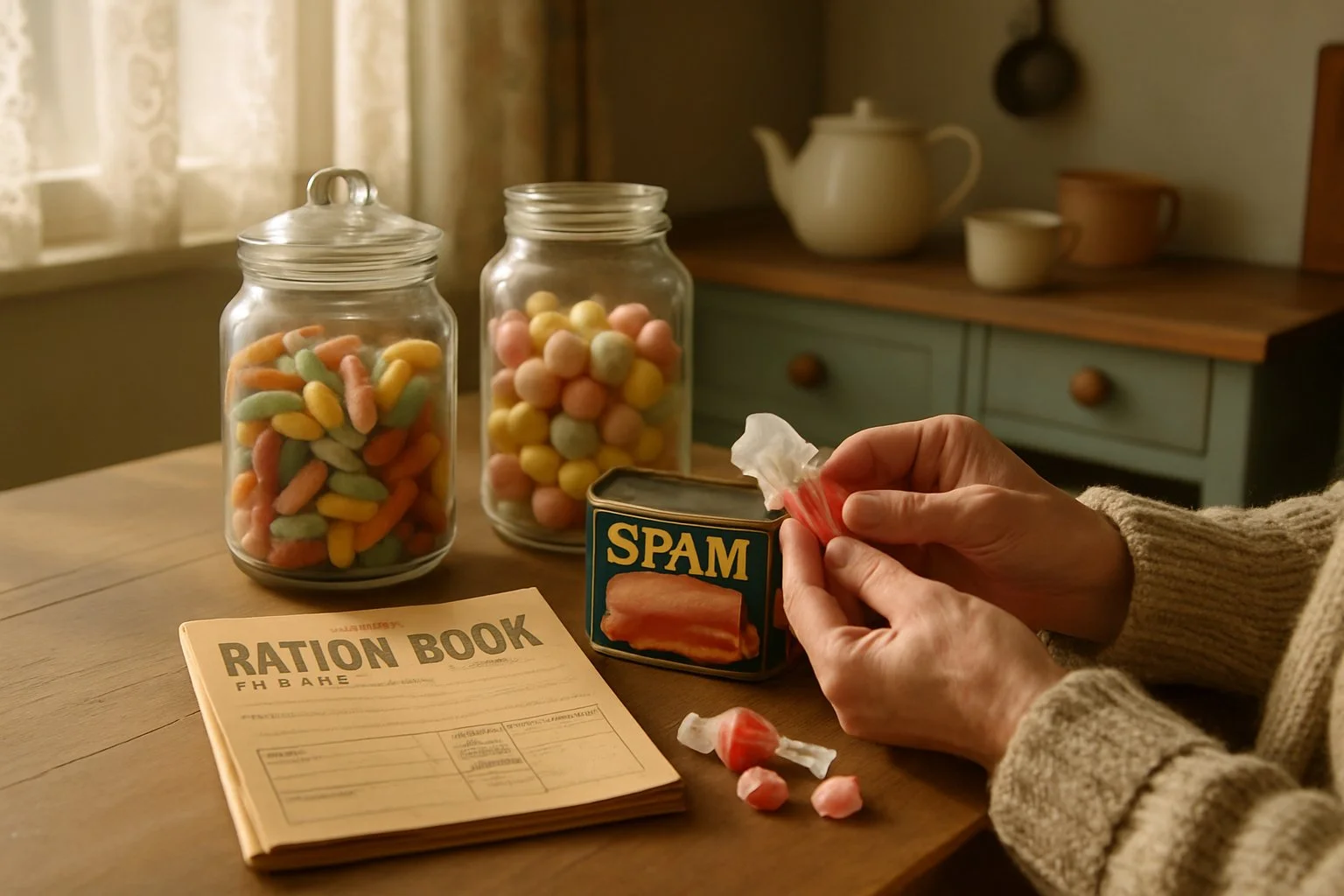 A kitchen table with a ration book, tins of spam, jars of sweets, and hands holding a wrapped sweet in a cozy home.