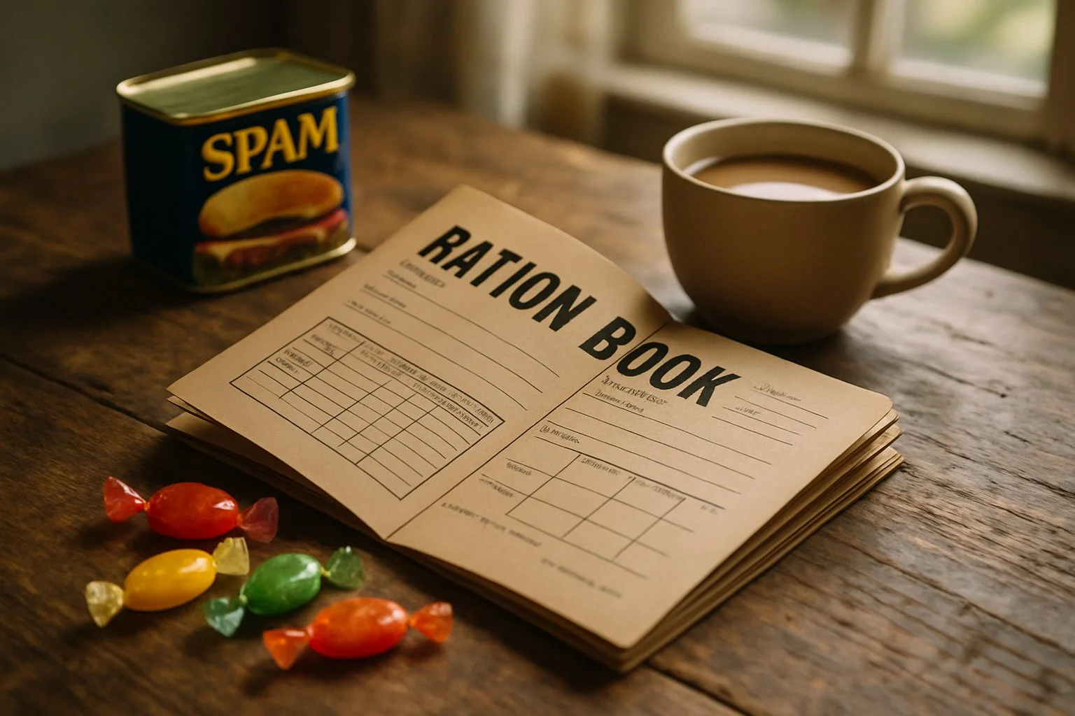 An open vintage British ration book on a wooden table surrounded by a tin of Spam, wrapped sweets, and a cup of tea.