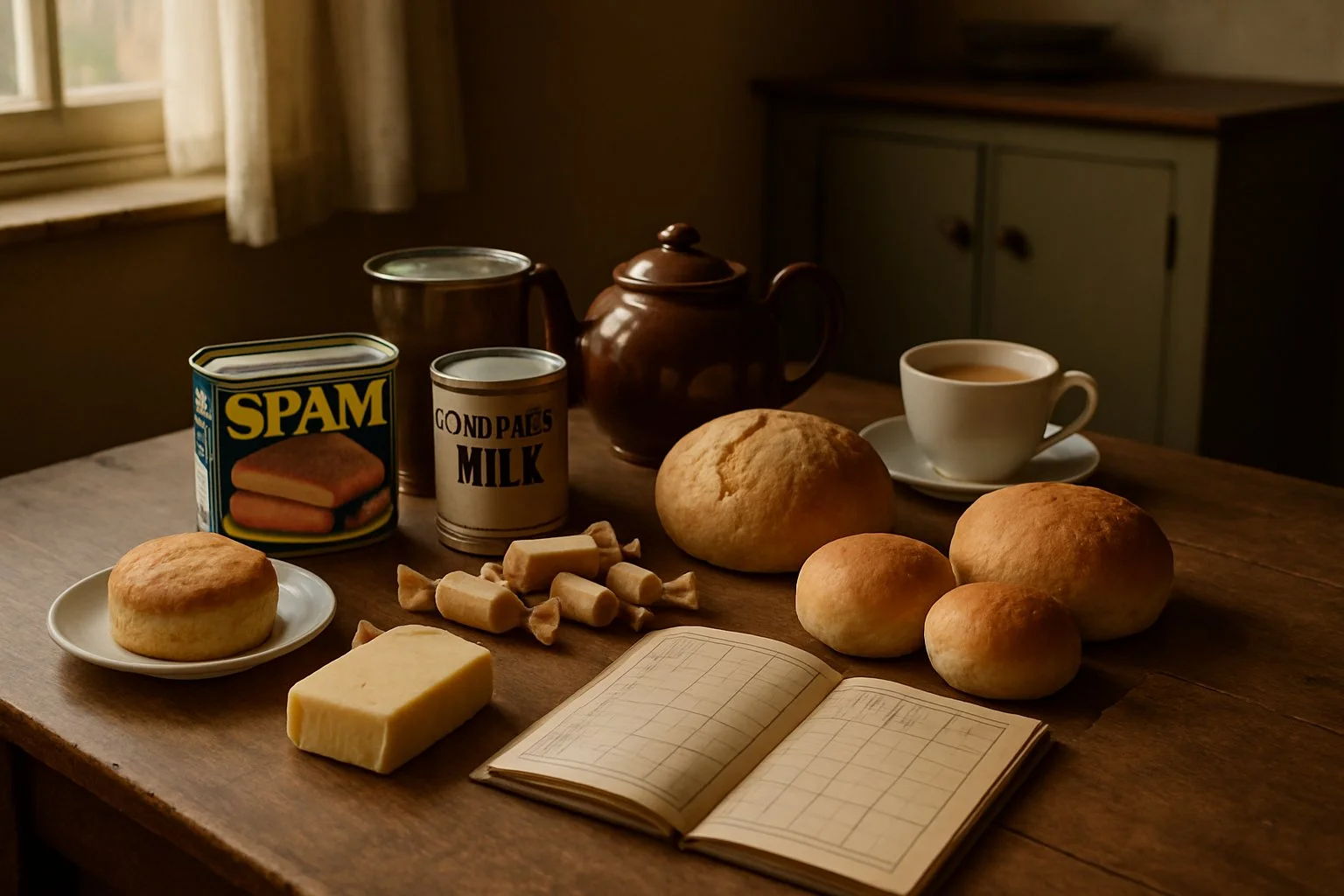 A vintage kitchen table with a ration book open among tins of Spam, wrapped sweets, and baked goods, lit by natural light from a window.