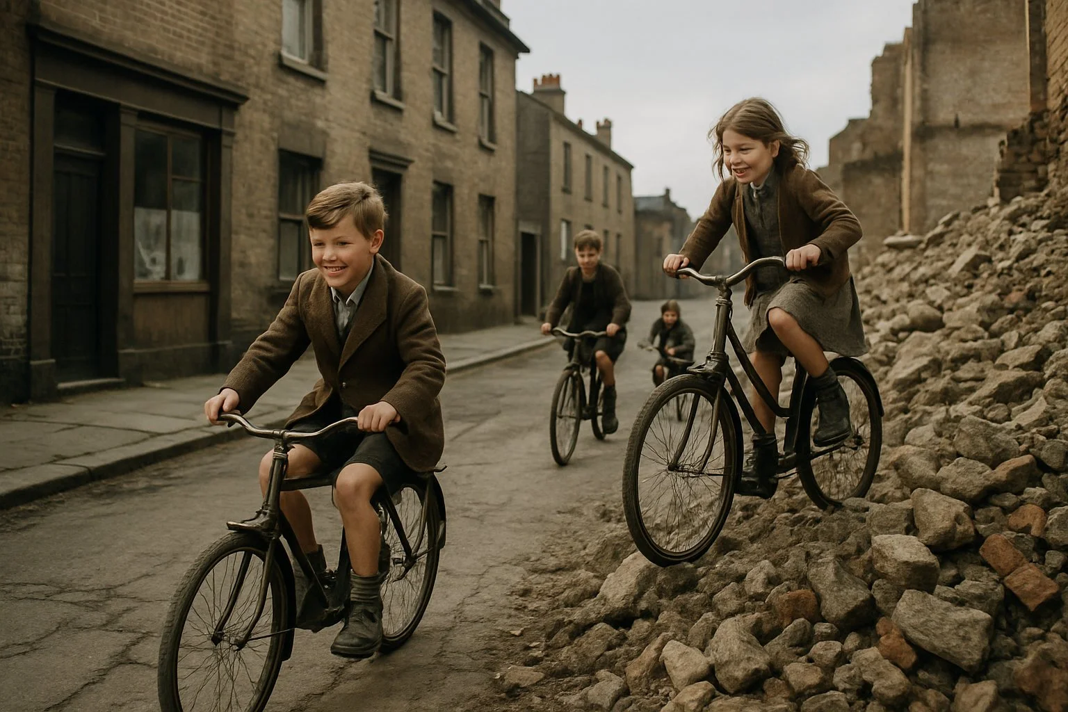 Children riding bicycles and playing near old bombsites on a worn 1950s city street.