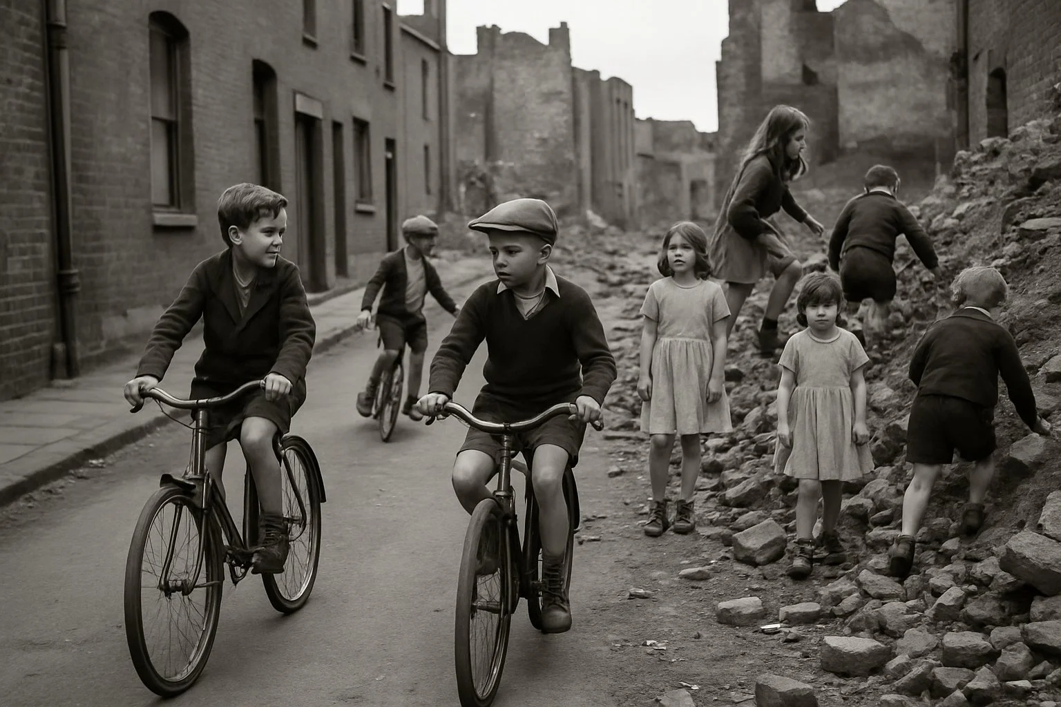 Children playing and riding bicycles on damaged urban streets with bombsites and rubble in a 1950s city.