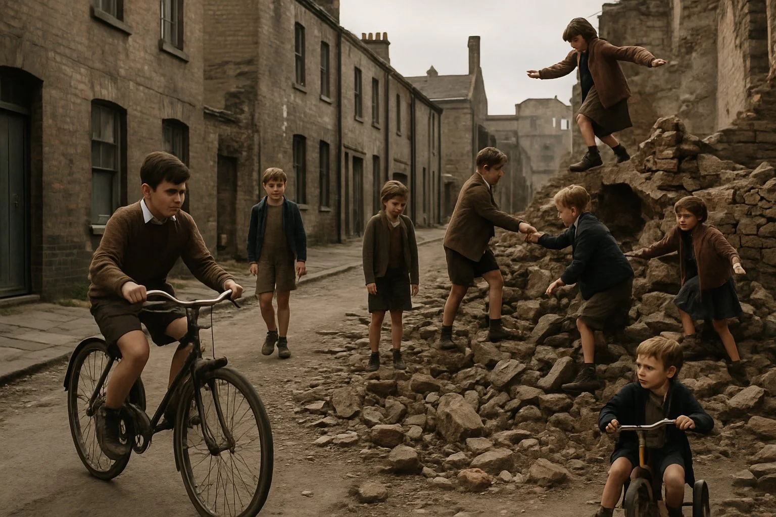 Children playing and riding bicycles among rubble and broken buildings in a 1950s urban street.