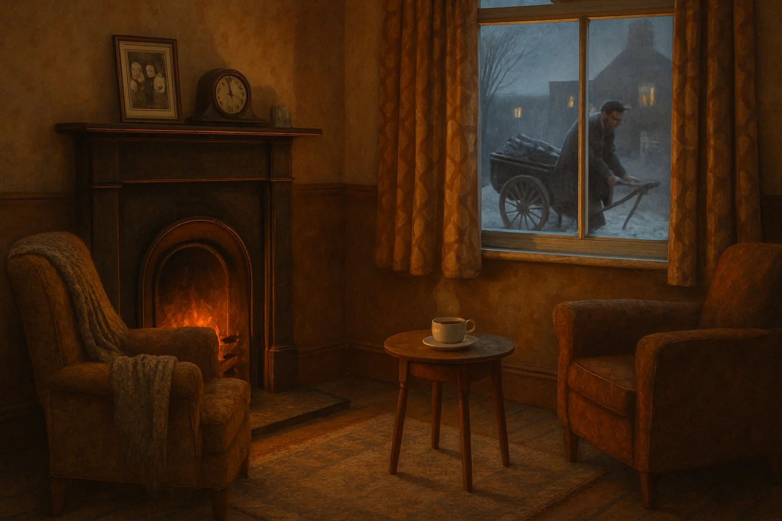 A cozy living room with a coal fire burning in the fireplace, a comfortable armchair, and a rag-and-bone man outside the frosted window collecting scrap on a winter evening.