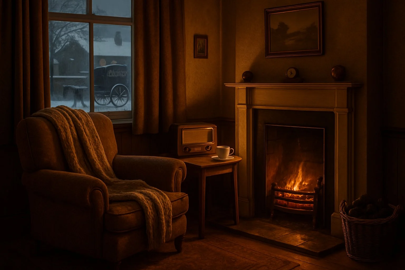 A cosy post-war living room with a glowing coal fire in the fireplace, an armchair with a knitted throw, and a snowy street visible through the window.