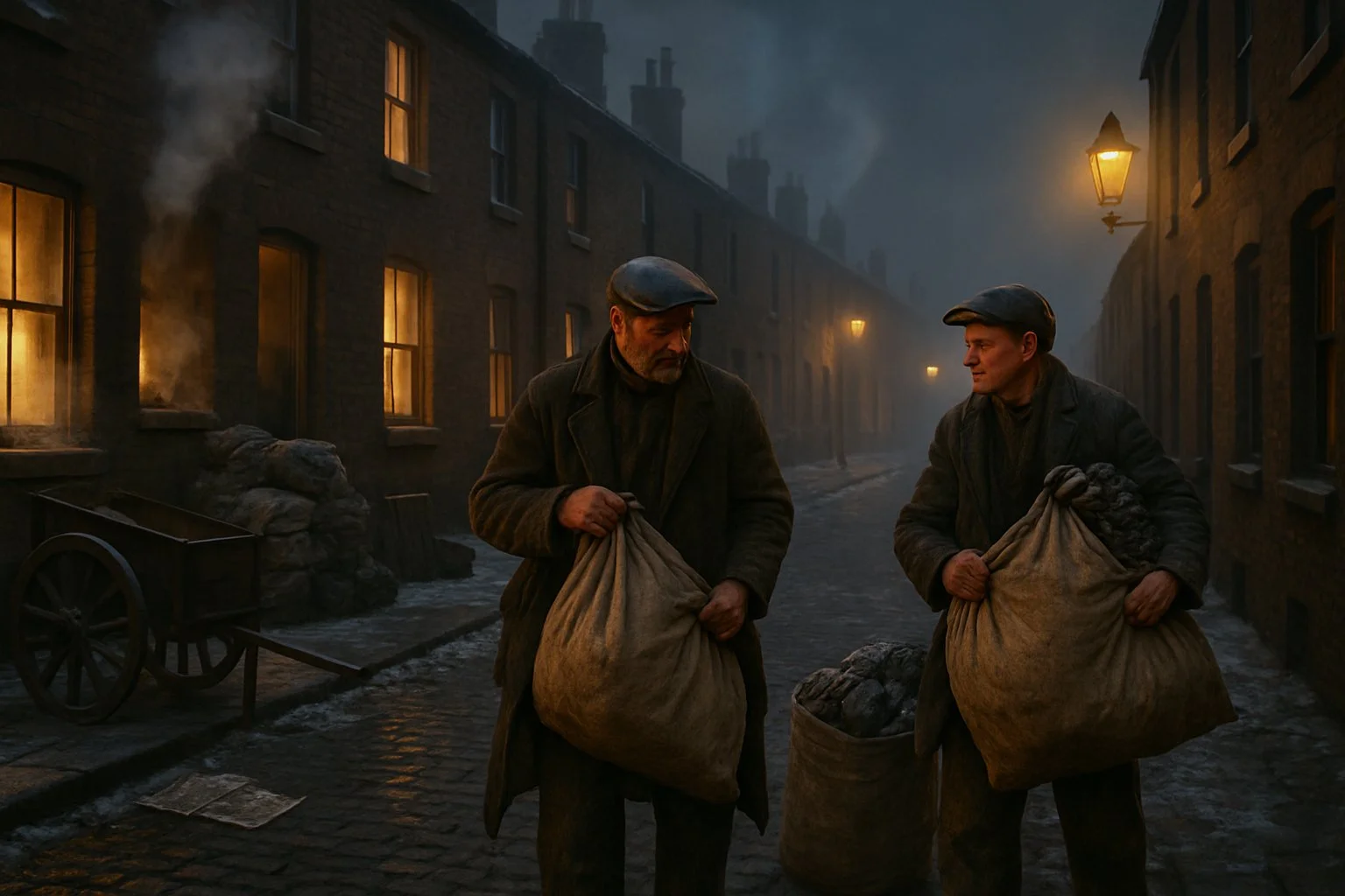 Two men carrying sacks of rags walk along a cobblestone street lined with brick houses on a cold winter evening, with warm light glowing from windows and smoke rising from coal fires.