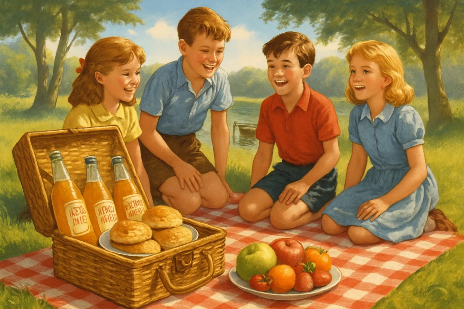 Children having a picnic on a blanket near a lake with bottles of ginger beer and a wooden basket in a sunny countryside setting.