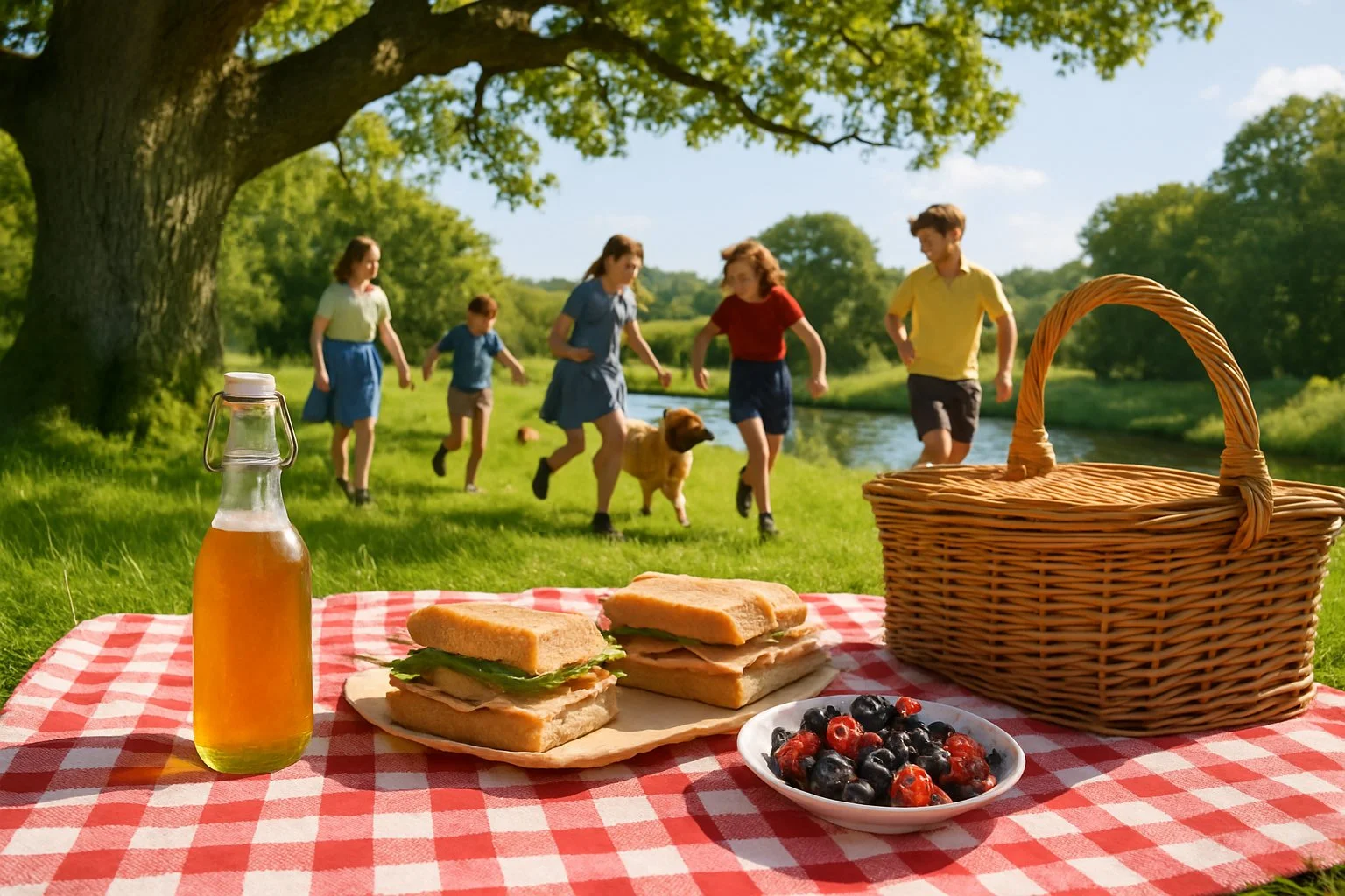 Children having a picnic with a dog in a sunny countryside clearing near a lake, surrounded by trees.