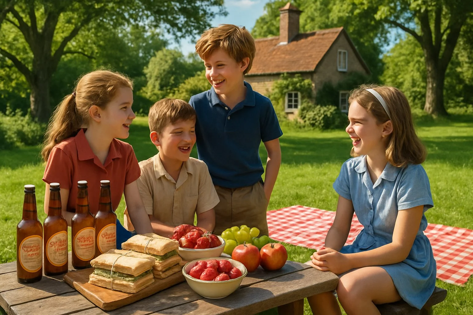 A group of children enjoying a picnic outdoors with ginger beer bottles and sandwiches on a wooden table in a sunny English countryside setting.
