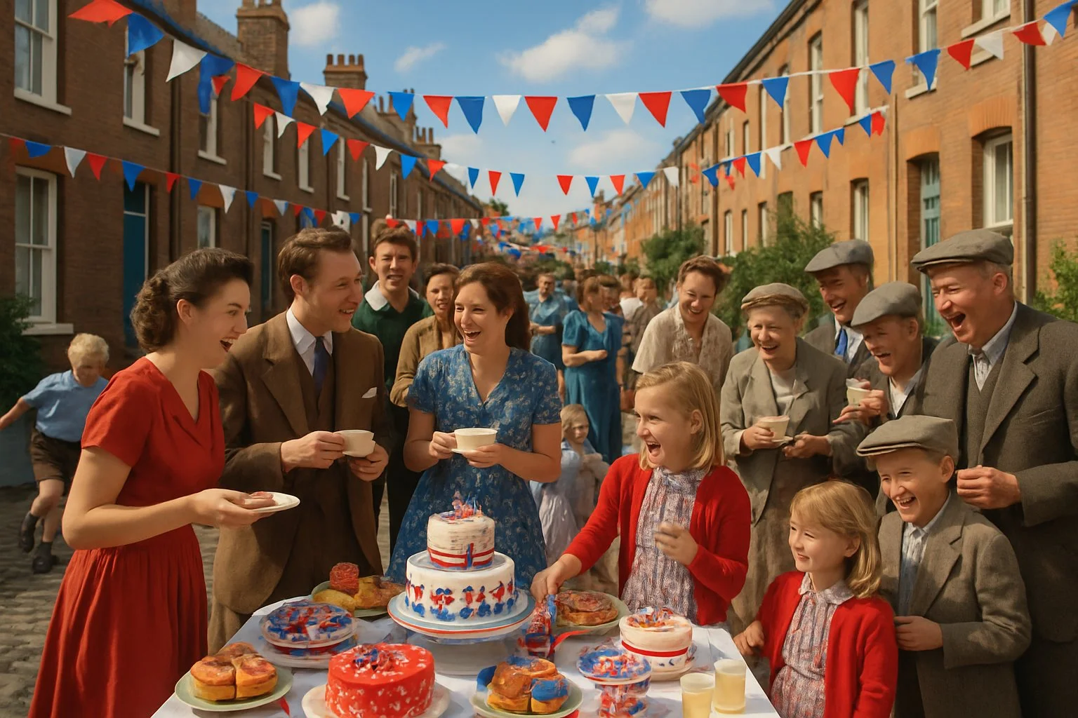 A street party with bunting and cakes on tables, people in 1950s clothing celebrating together outside terraced houses.