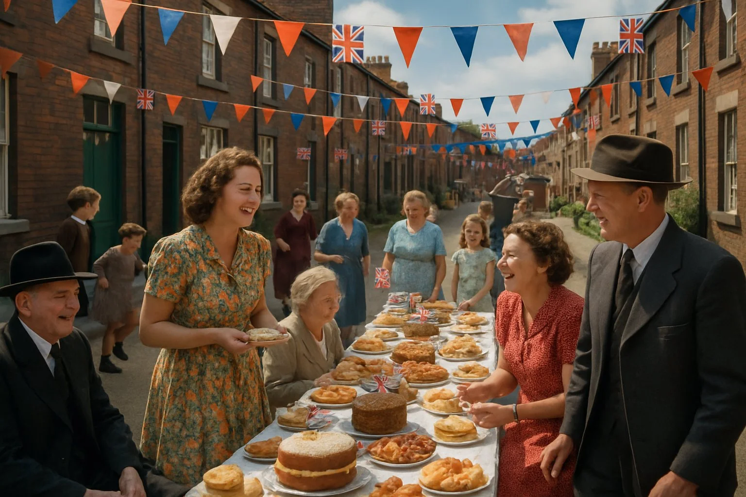 A street party in 1953 with people celebrating outdoors among bunting and tables of cakes on a sunny day.