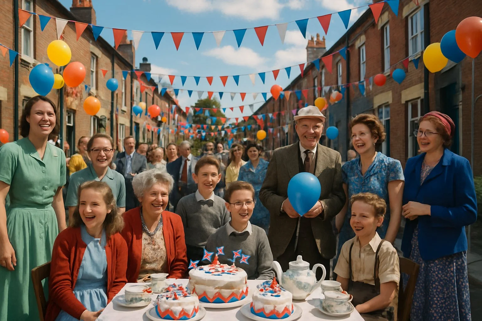 A lively street party with colourful bunting, people dressed in 1950s clothing, tables with cakes and decorations, celebrating together outside terraced houses.
