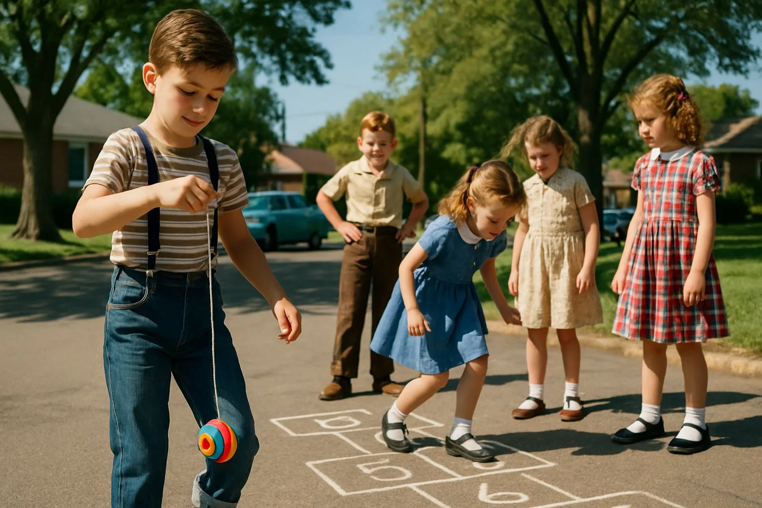 Children playing with a yo-yo and hopscotch on a sunny playground in a 1950s suburban neighbourhood.