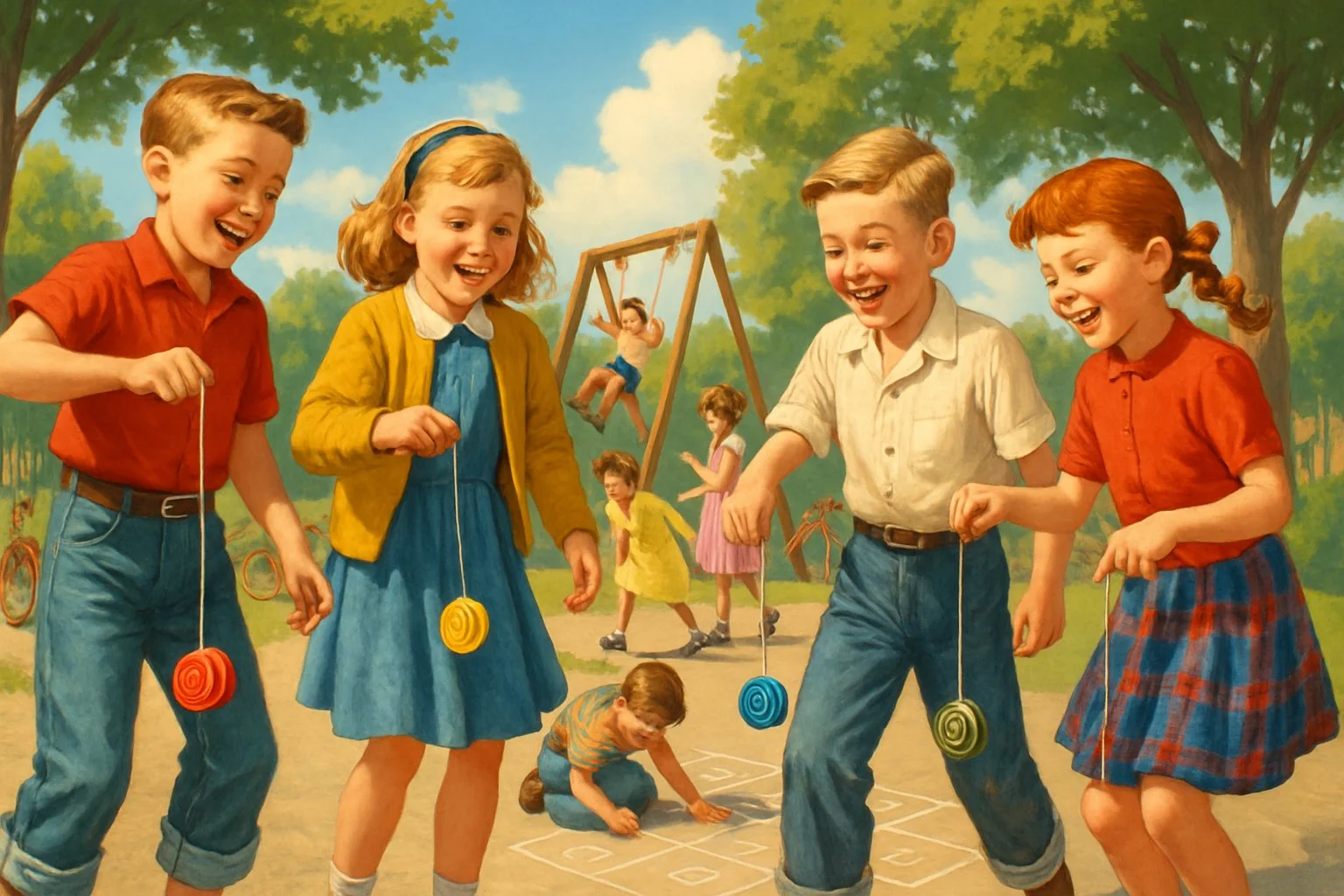 Children playing with yo-yos and hopscotch on a sunny 1950s playground surrounded by trees and playground equipment.