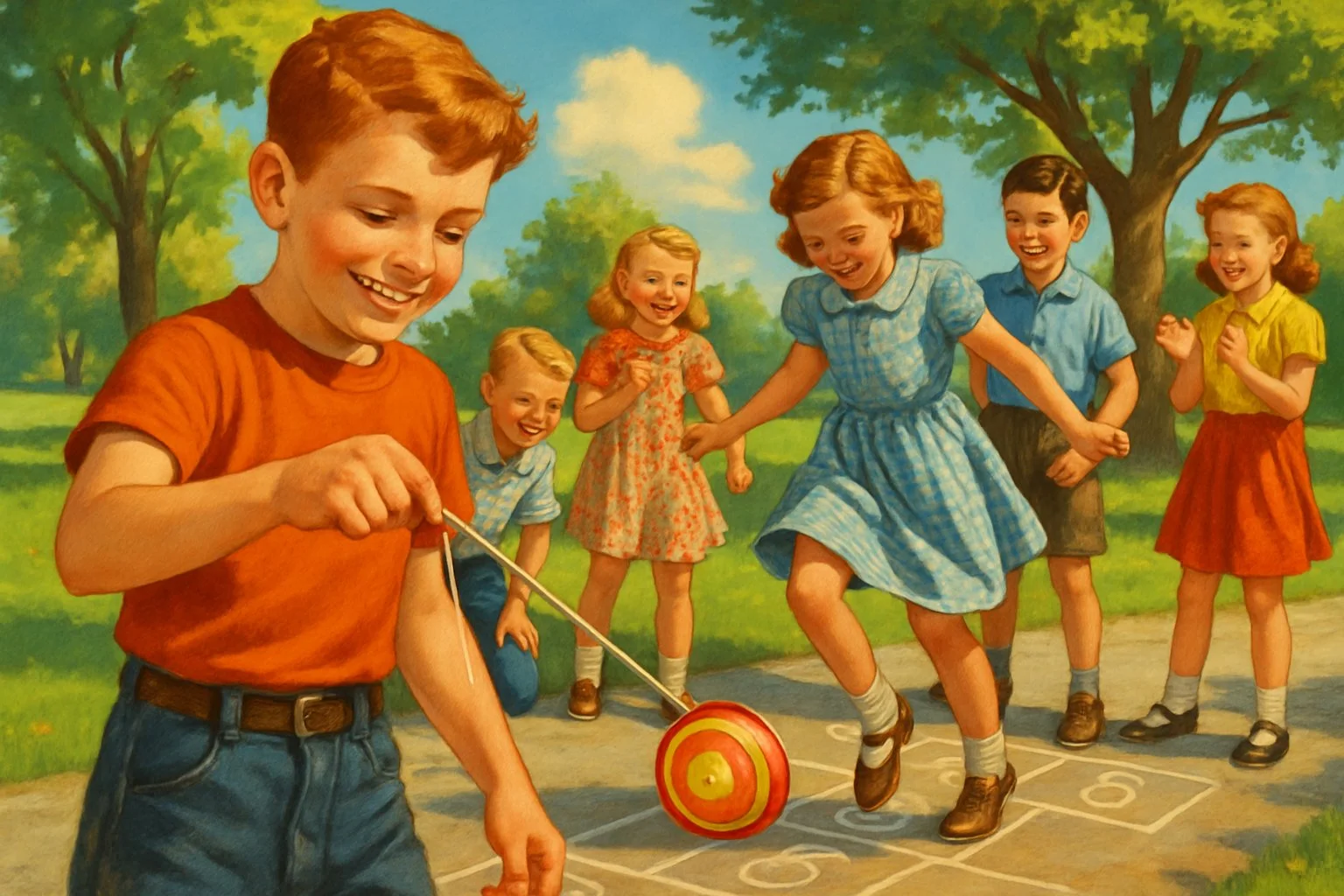 Children playing with a yo-yo and hopscotch on a sunny 1950s playground.