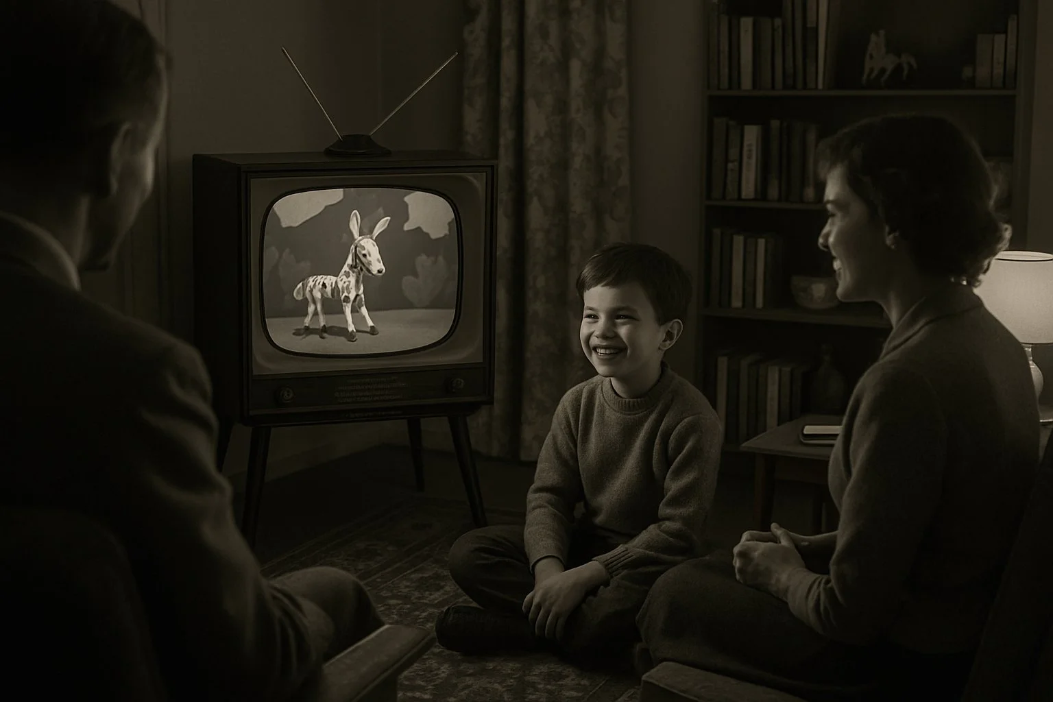 A family gathered in a living room watching a black-and-white television showing a puppet mule character during early evening.