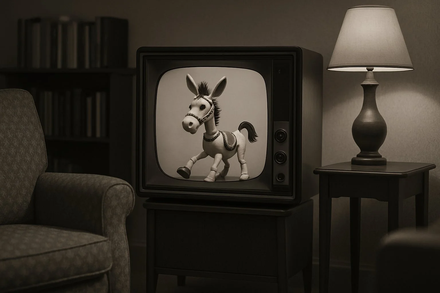 A vintage black-and-white television showing Muffin the Mule puppet in a cosy living room setting with mid-century furniture and warm lighting.