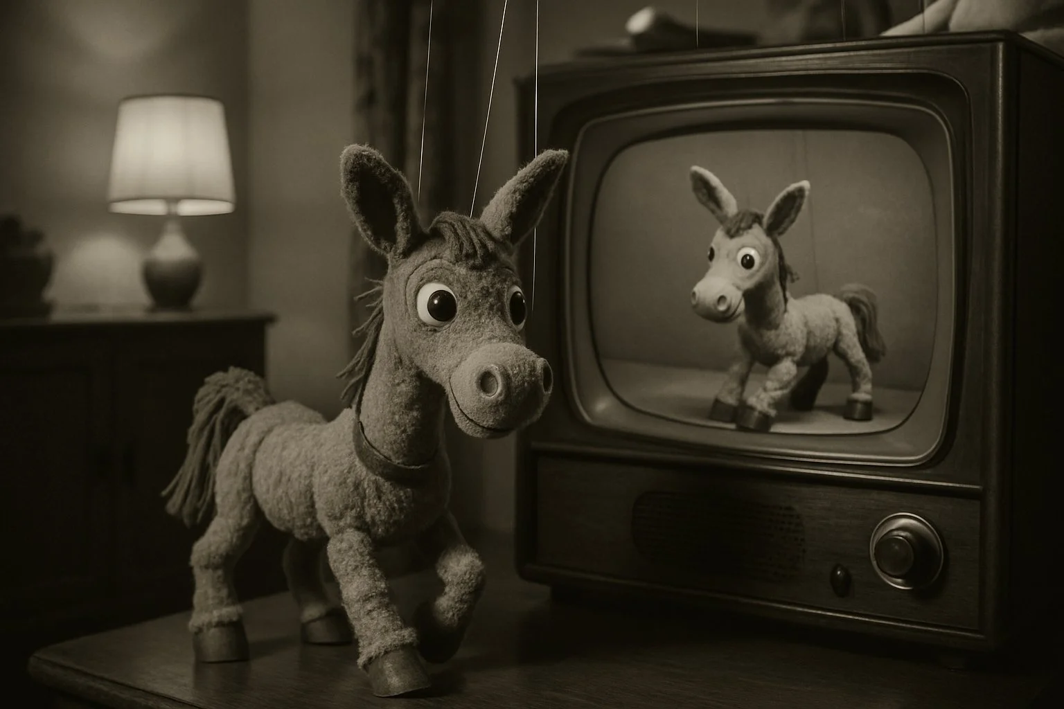 A black-and-white scene showing a classic puppet resembling Muffin the Mule in a vintage living room with a television, capturing an early evening setting.