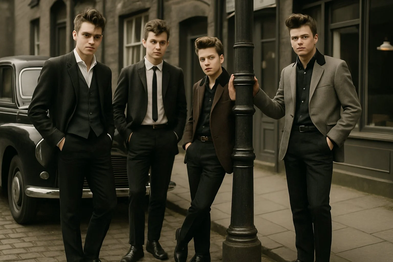 A group of teenage boys with styled hair and vintage clothes standing together on a street in 1950s Britain, looking confident and relaxed.