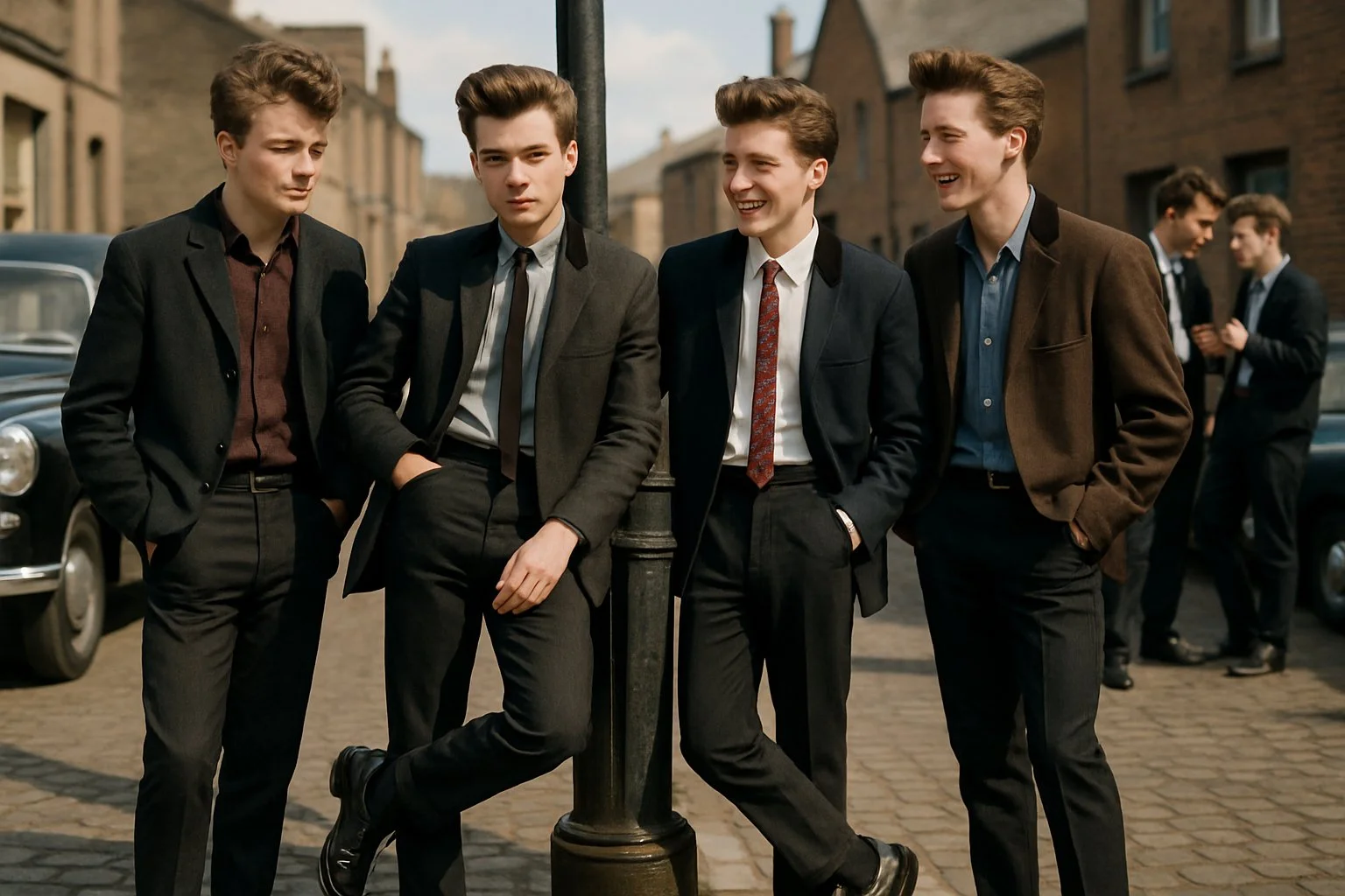 A group of teenage boys with slicked-back quiff hairstyles wearing vintage jackets and trousers standing on a street with old cars and brick buildings.