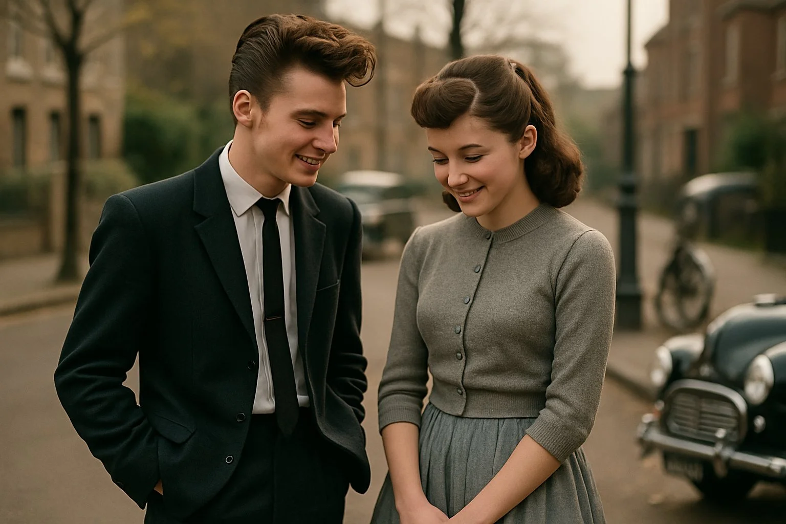A teenage boy and girl standing close together outdoors, smiling shyly at each other on a 1950s British street.
