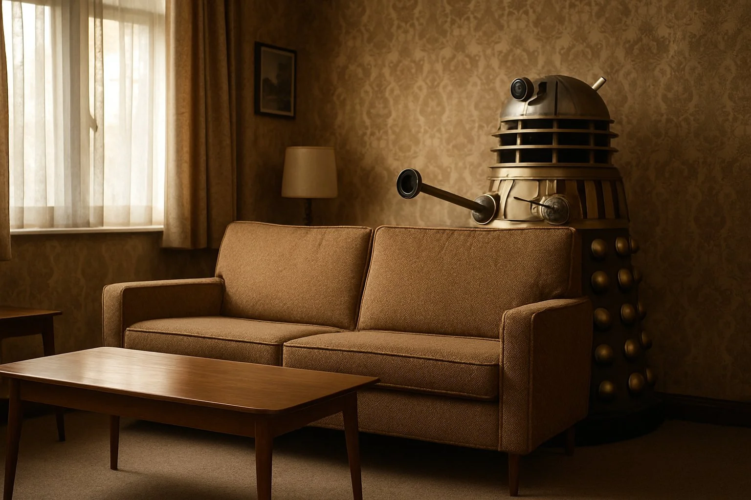 A 1960s living room with a retro sofa, behind which a Dalek from Doctor Who is partially hidden.