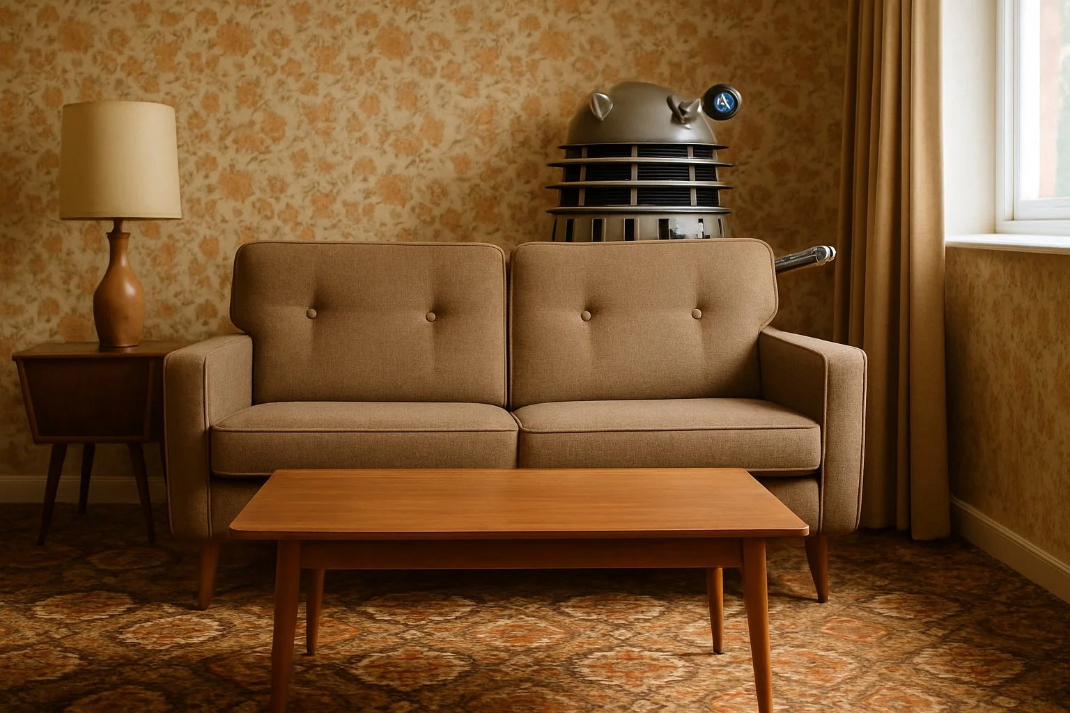 A 1960s living room with vintage furniture and wallpaper, showing a Dalek partially hidden behind a sofa.