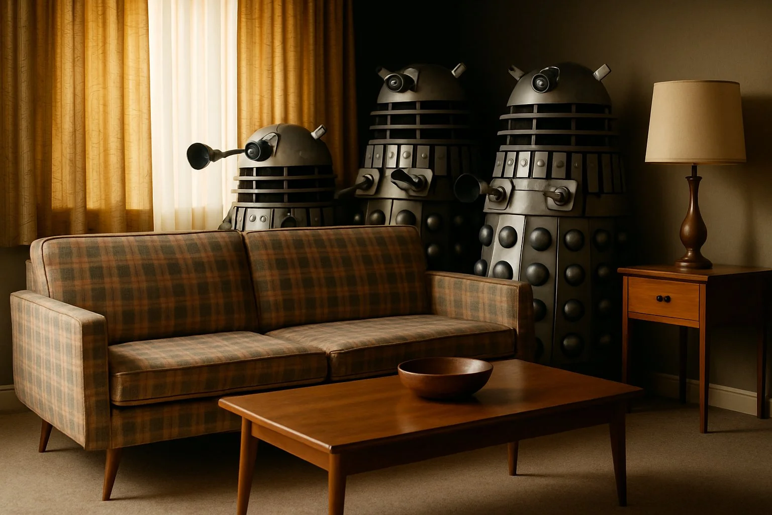 A 1960s living room with a sofa, behind which Dalek robots are partially hidden, creating a tense and surprising scene.