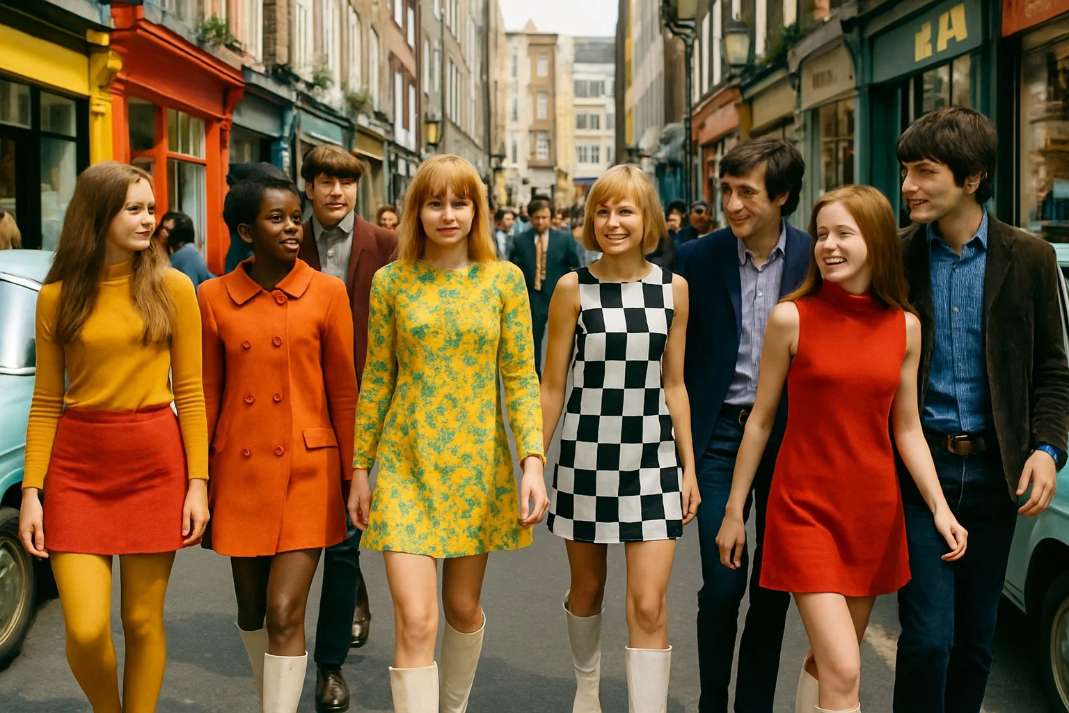 A group of teenagers wearing 1960s fashion including mini-skirts standing and walking along a busy London street with colourful shops and vintage cars.