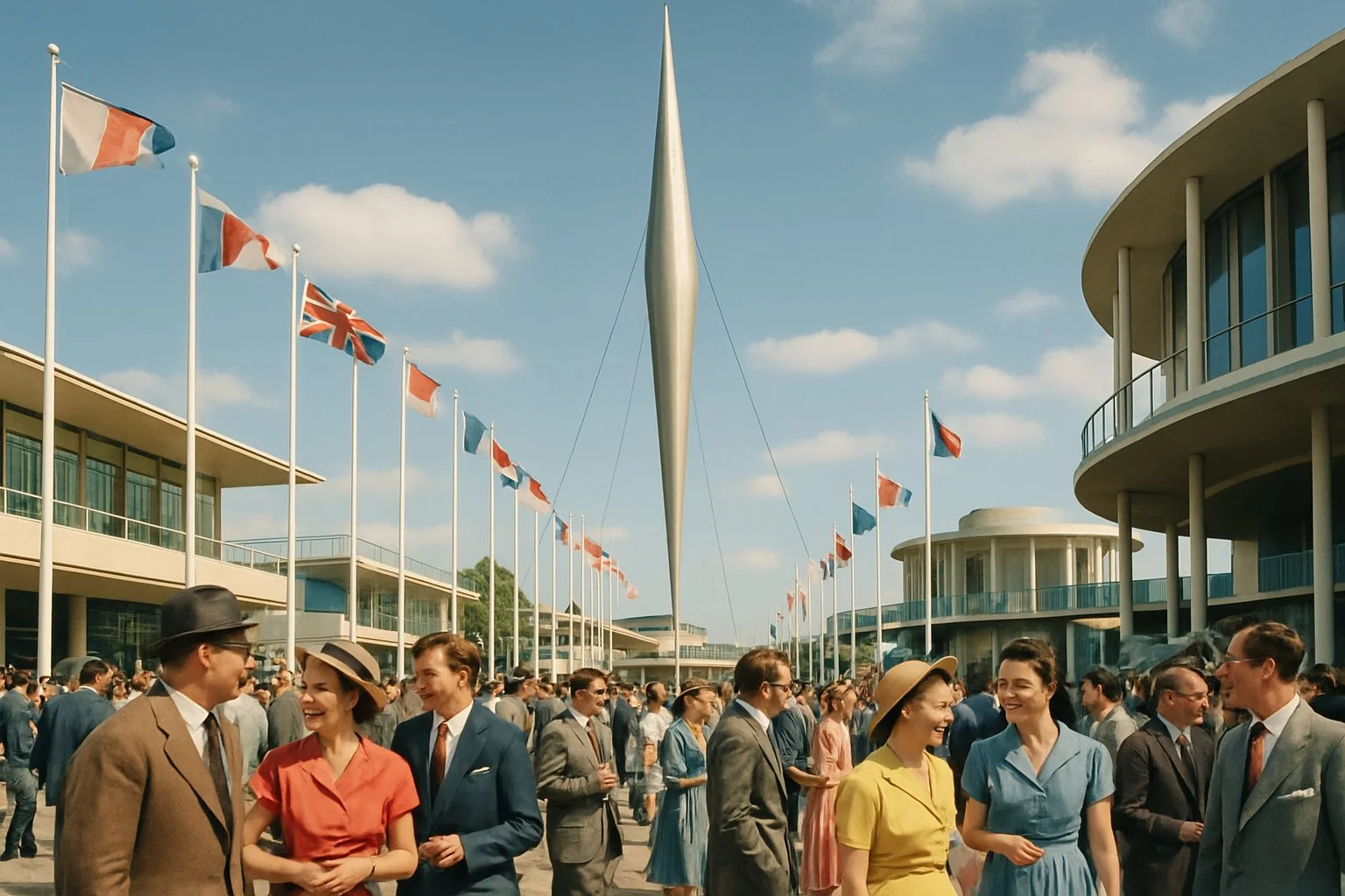 People dressed in 1950s clothing gathered outdoors near the Skylon structure under a clear sky, enjoying a lively festival atmosphere.