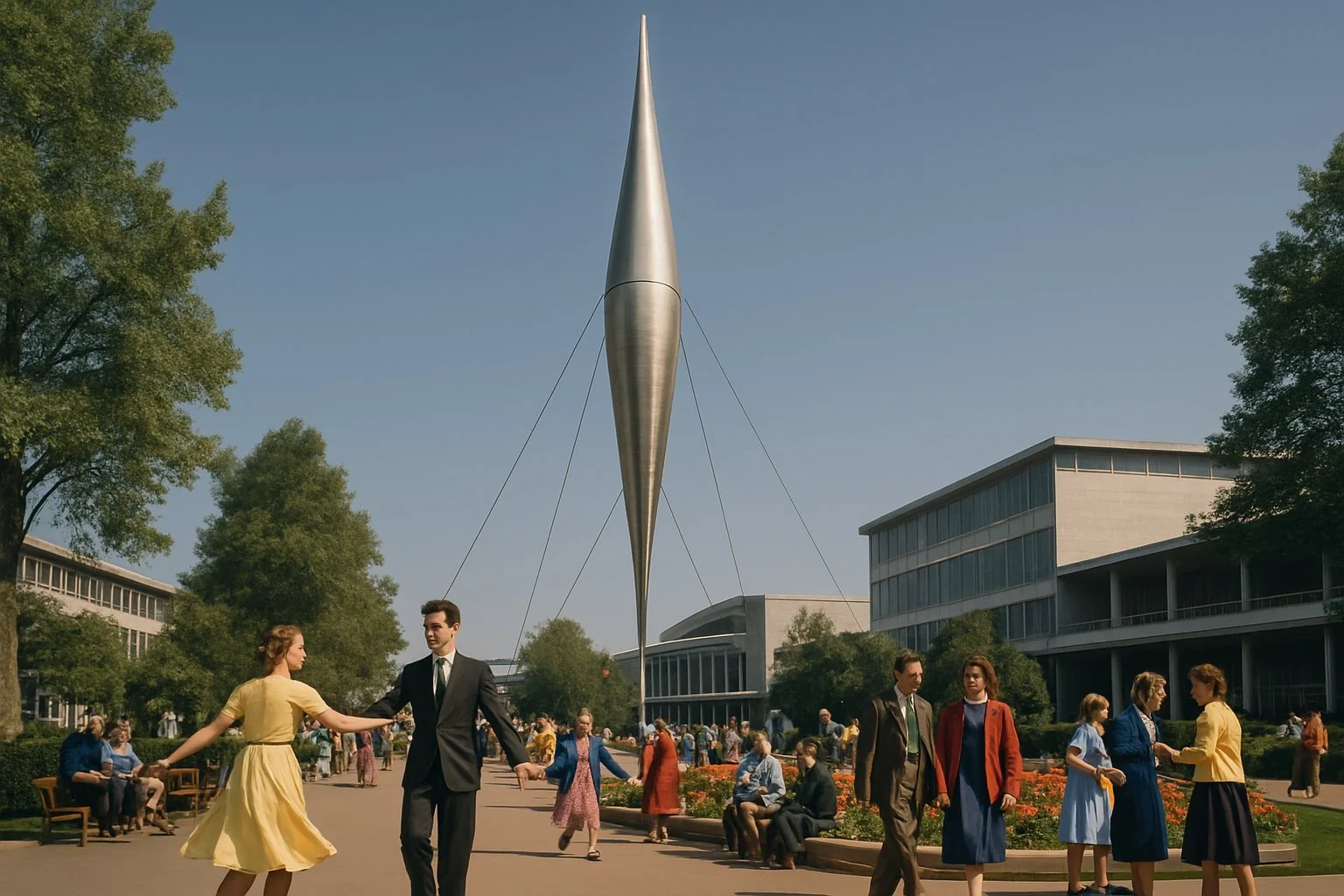 The Skylon structure standing tall in a public space with people around, surrounded by modern buildings and greenery under a clear sky.