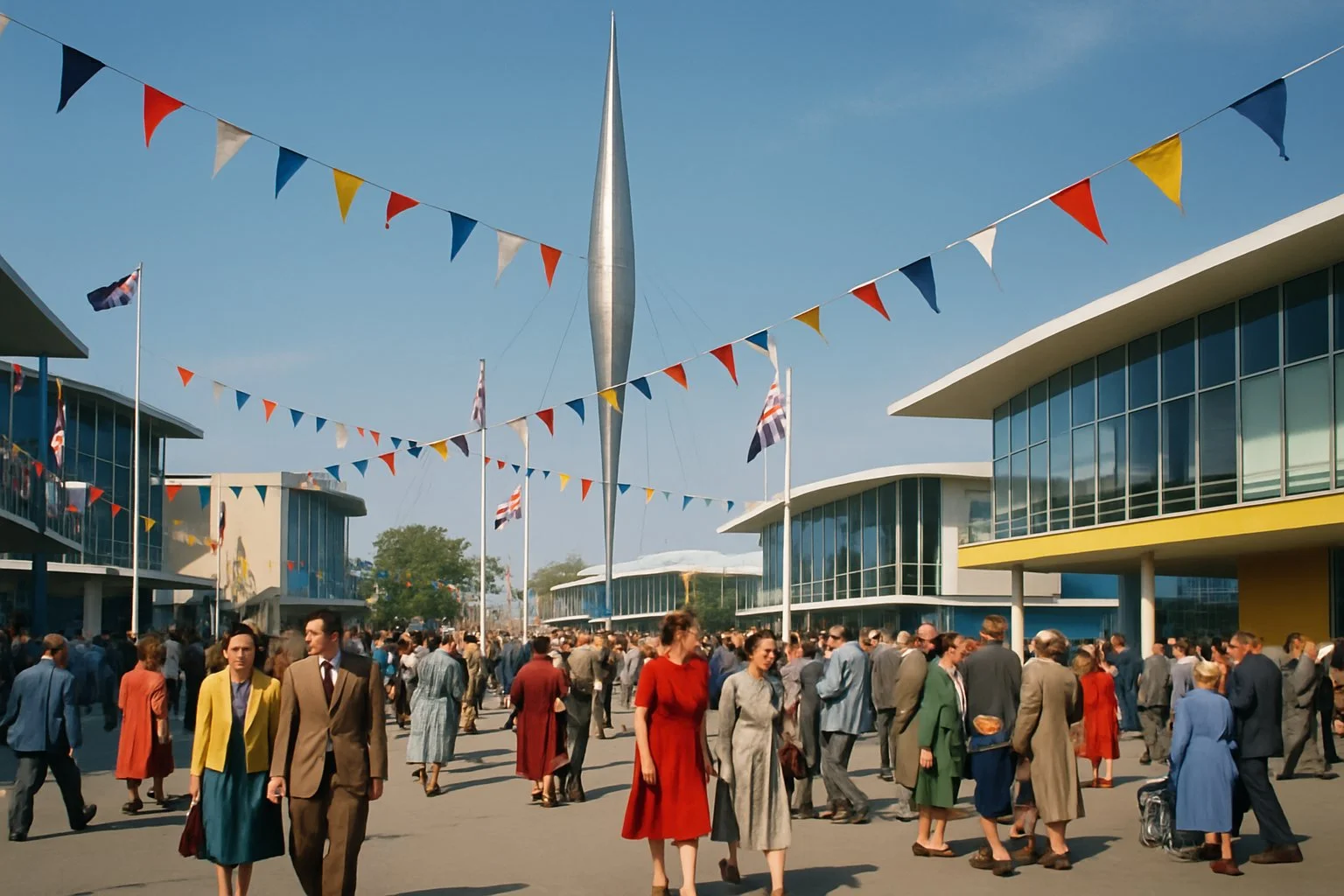 People enjoying an outdoor festival near the Skylon structure with modern buildings and colourful decorations under a clear sky.