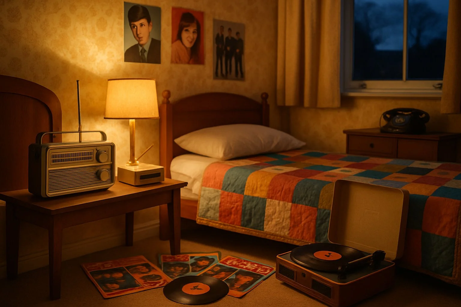 A 1960s bedroom with a transistor radio on a bedside table, a vinyl record player, music magazines, and posters on the walls.