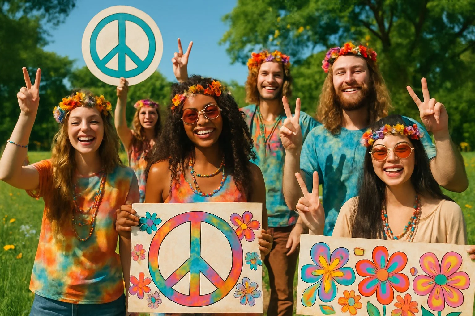 A group of young people outdoors wearing flower crowns and beaded necklaces, holding peace signs and colourful banners in a sunny park.