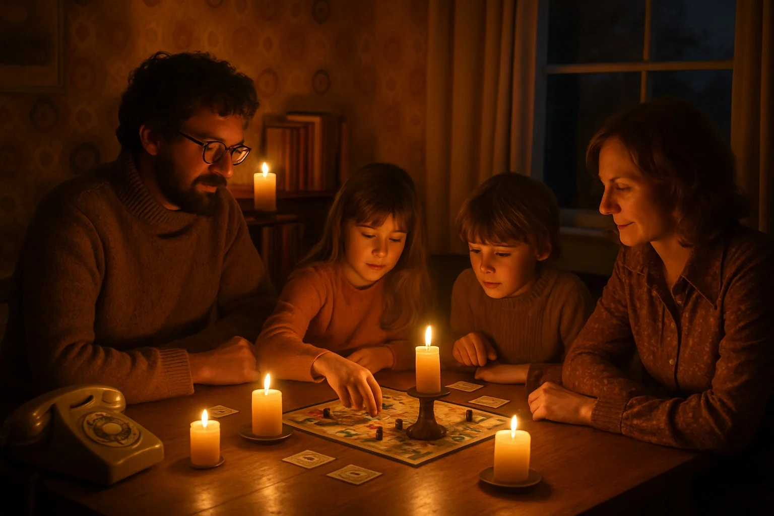 A family playing a board game by candlelight around a wooden table in a dimly lit 1970s living room during a power cut.
