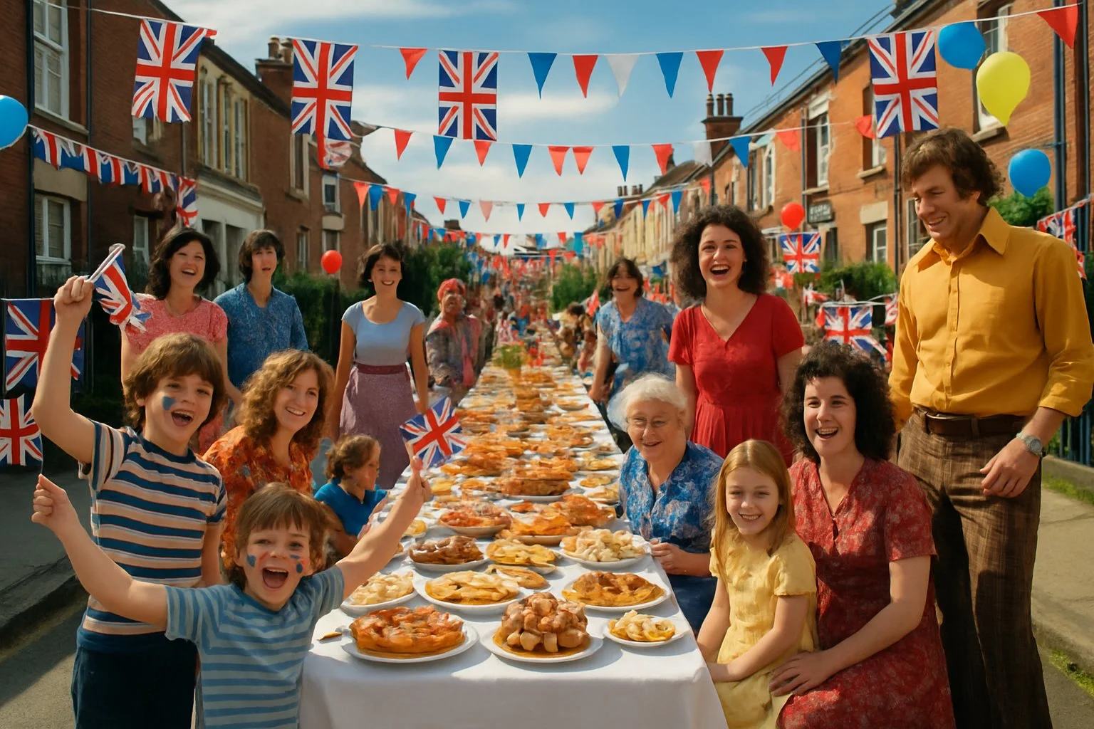 A lively street party with people celebrating under Union Jack flags, enjoying cakes and decorations on a sunny day.