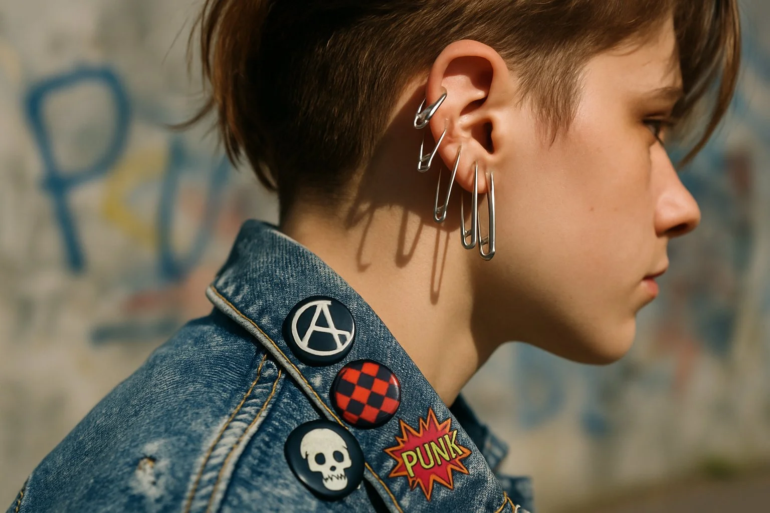 Close-up of a teenager's ear with safety-pin earrings and a denim jacket decorated with punk pins against a blurred urban background.