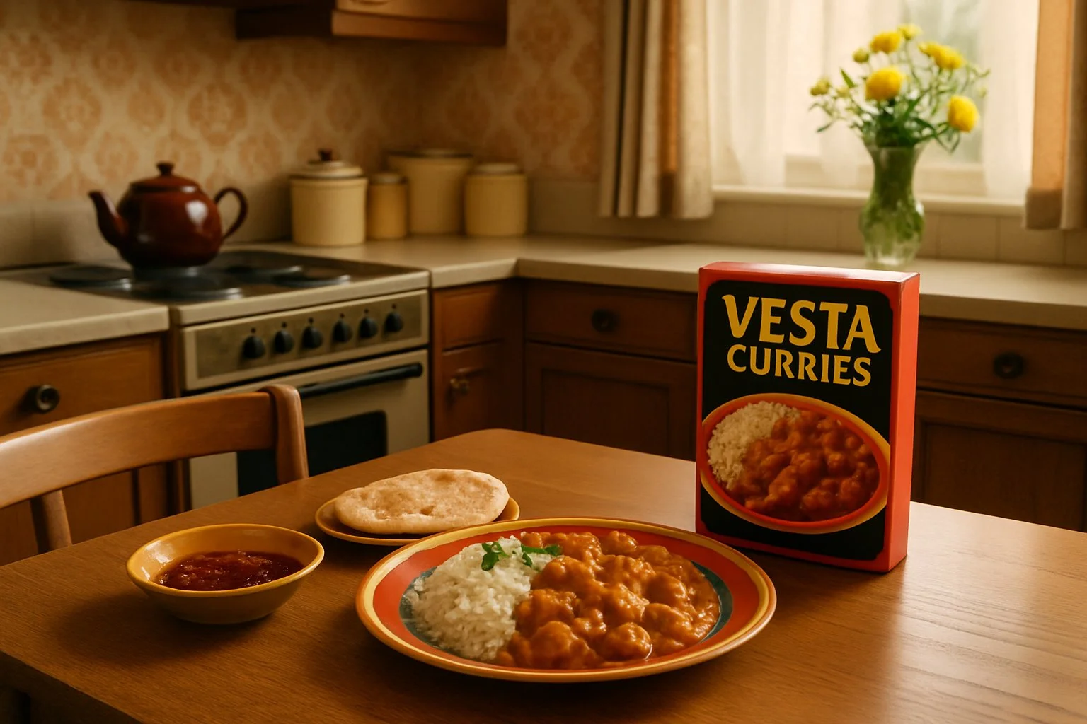 A 1970s kitchen with a table set for dinner featuring a plate of curry and rice alongside side dishes and a packet of curry mix.