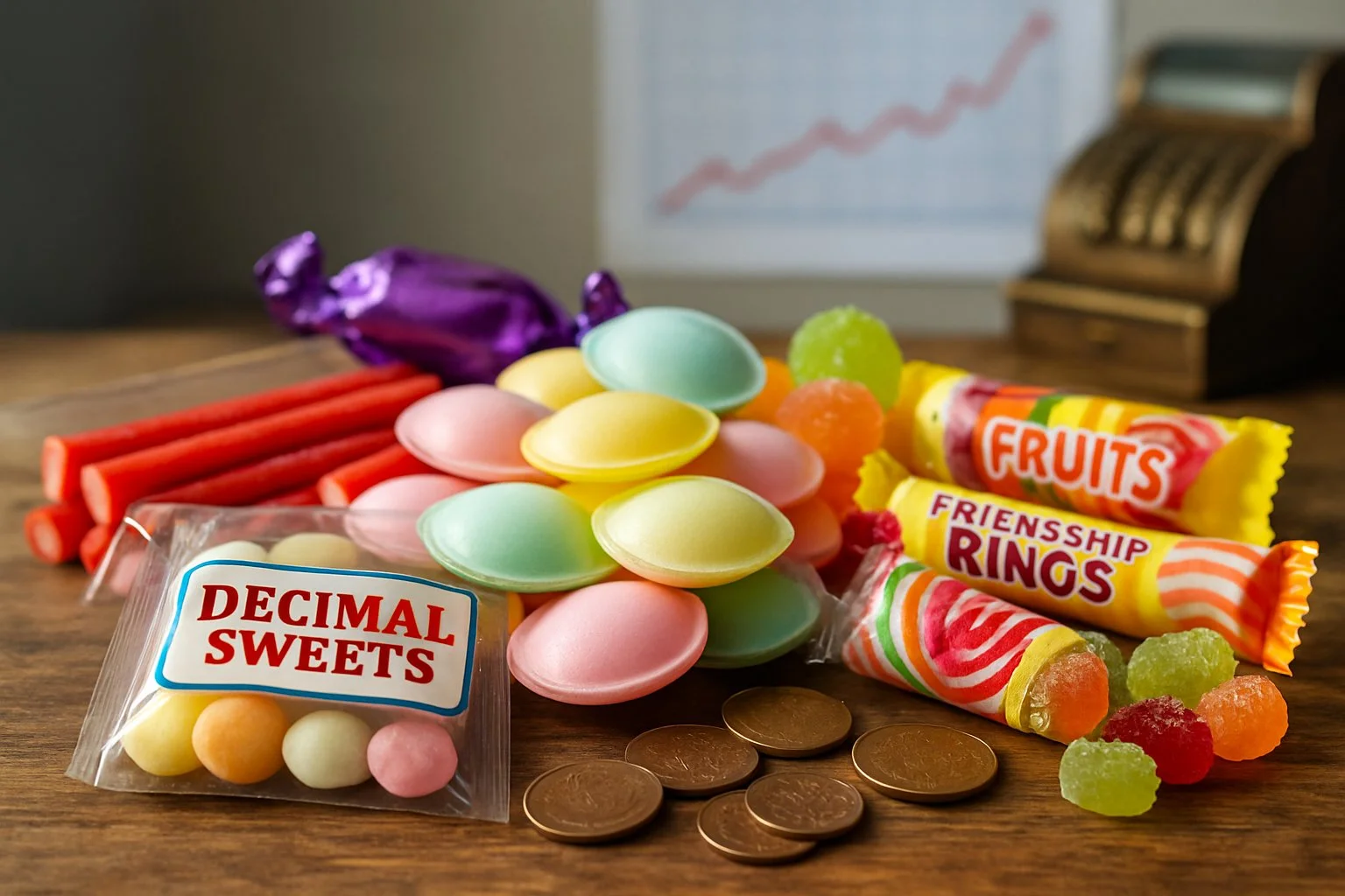A selection of colourful British penny sweets including Flying Saucers on a wooden table with old coins and a vintage cash register in the background.
