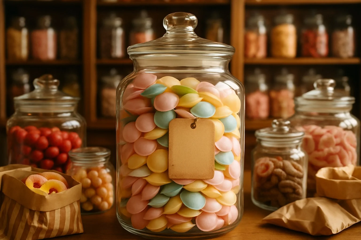 A sweet shop display with glass jars filled with colourful flying saucer sweets and other traditional penny candies on wooden shelves.