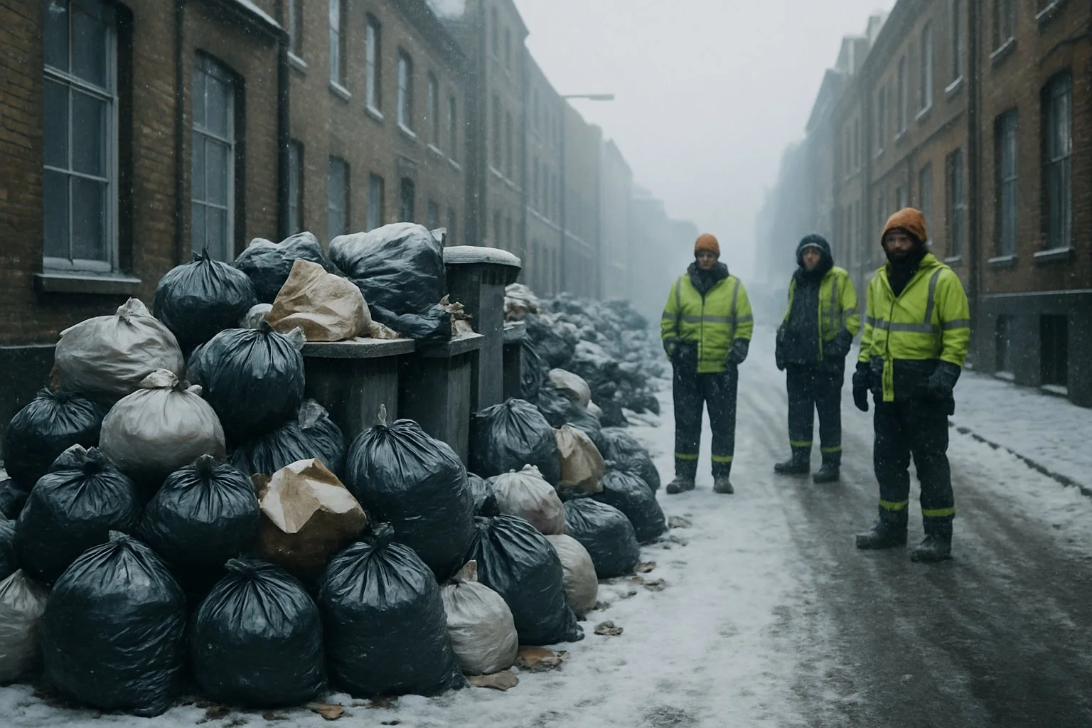 Snow-covered city street with large piles of rubbish bags and sanitation workers in high-visibility jackets standing nearby during winter.