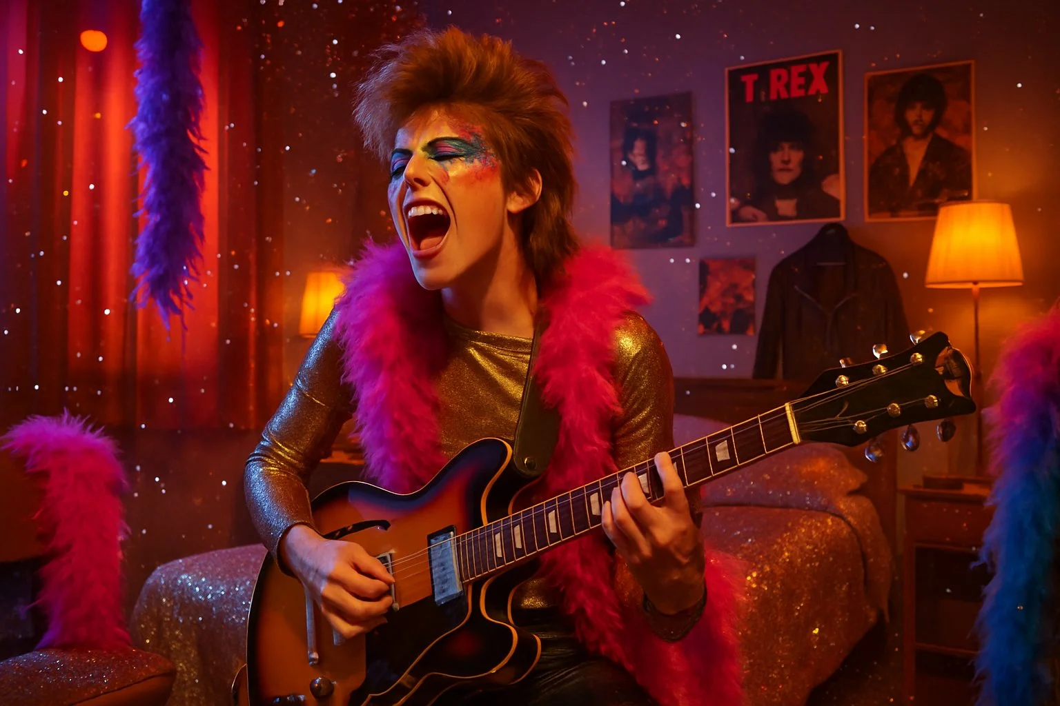 A person playing electric guitar in a bedroom decorated with glitter and colourful feather boas, surrounded by vintage rock posters.