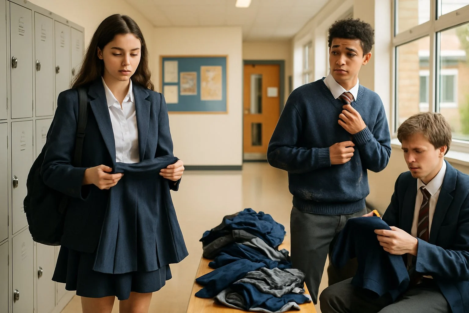 Three teenagers in a school corridor examining second-hand school uniforms, surrounded by lockers and natural light.