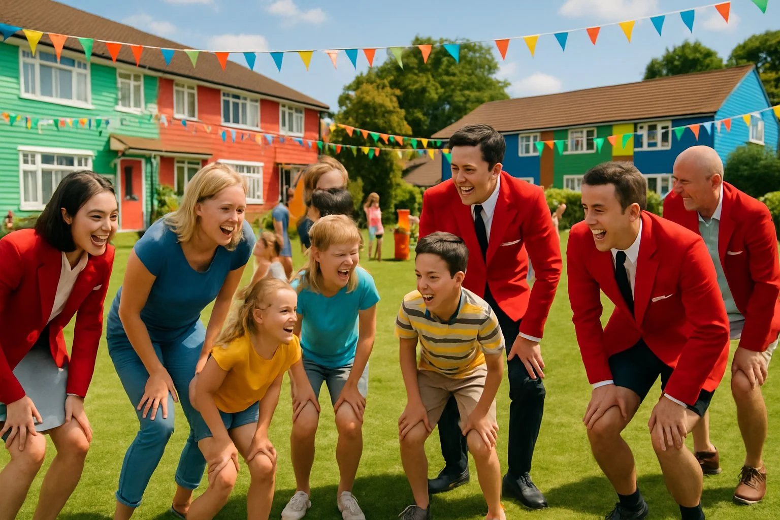 A group of Redcoats and families playing a knobbly knees contest at a sunny holiday camp with colourful buildings and outdoor games.