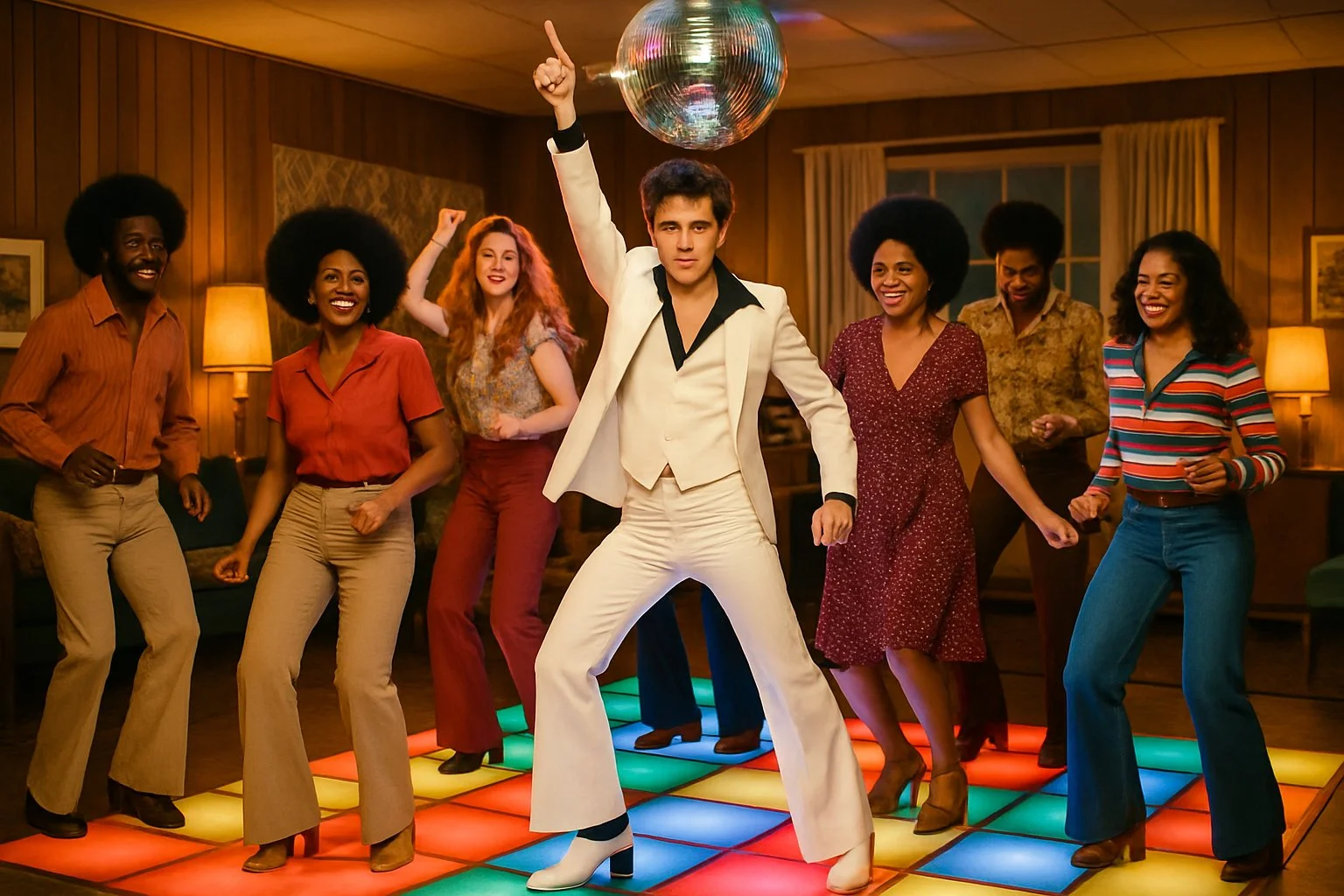 A group of people dancing energetically on a brightly lit dancefloor in a 1970s suburban setting, wearing vintage clothing and surrounded by disco lights.