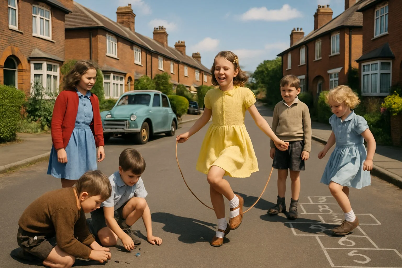 Children playing traditional games on a sunny street in a 1950s British neighbourhood with terraced houses and vintage cars.