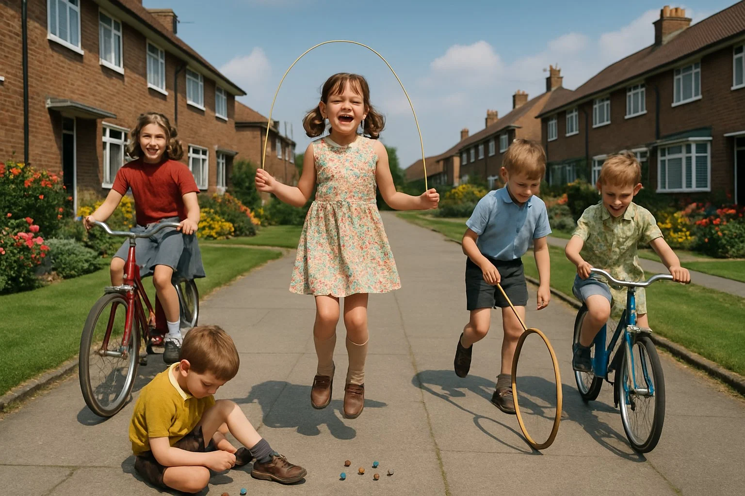 Children playing outside in a 1960s British neighbourhood, riding bikes and skipping rope on a sunny day.