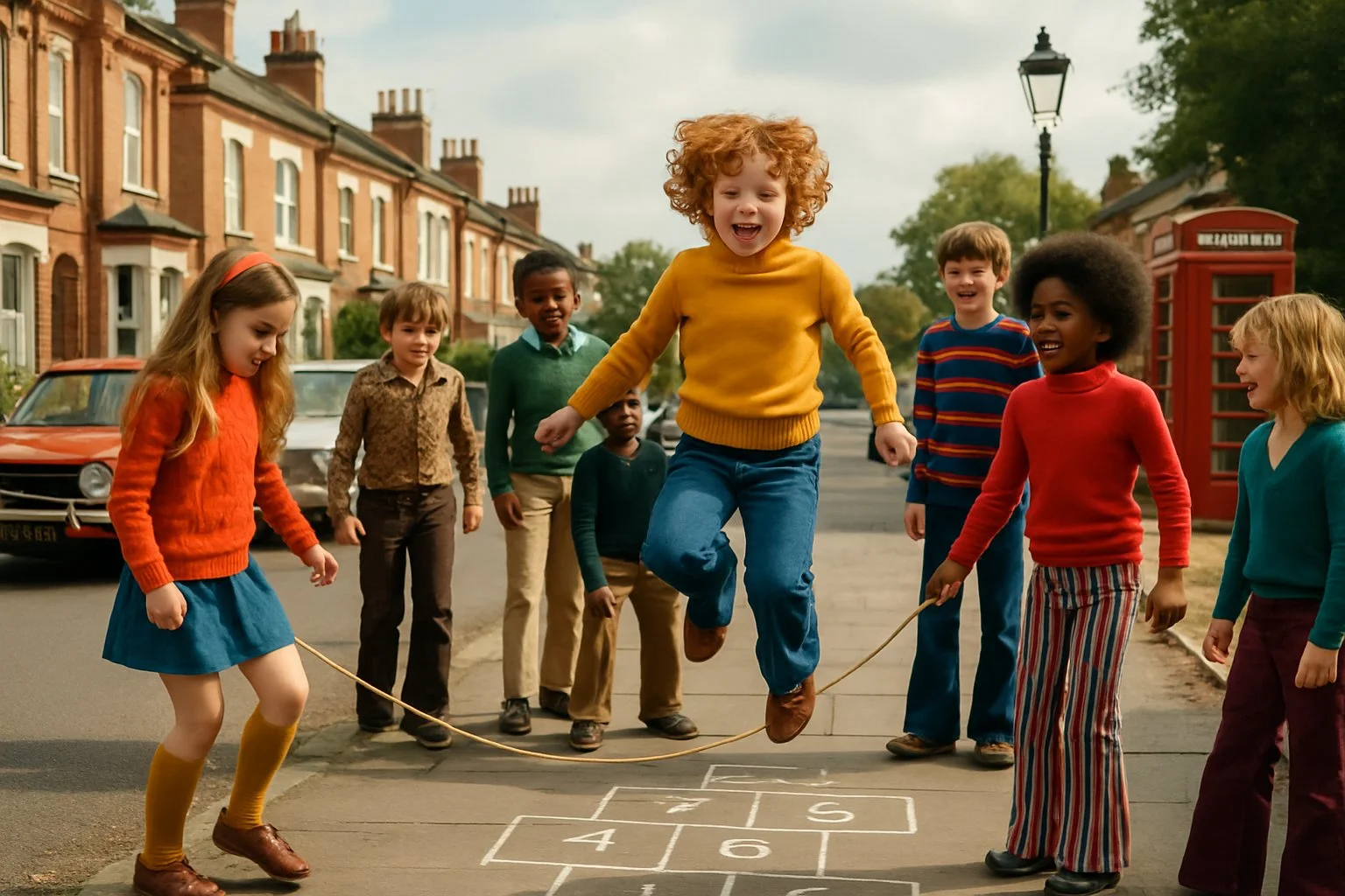 Children playing traditional games on a British suburban street with terraced houses and vintage cars in the background.