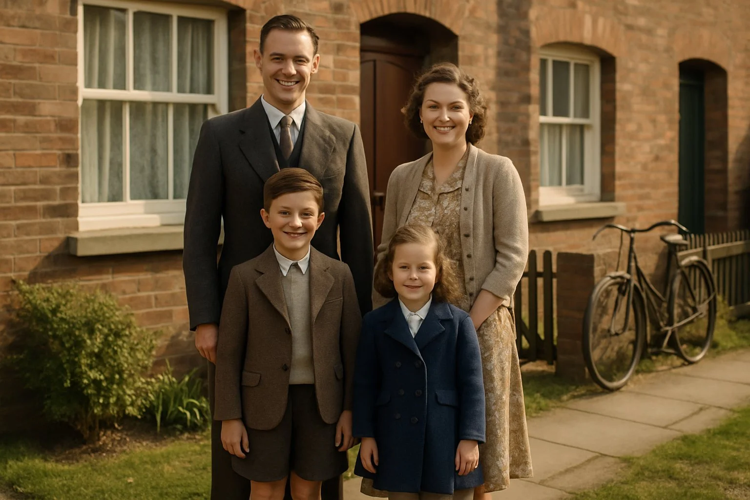 A British family dressed in their Sunday best standing outside a brick terraced house with a small garden on a sunny day.